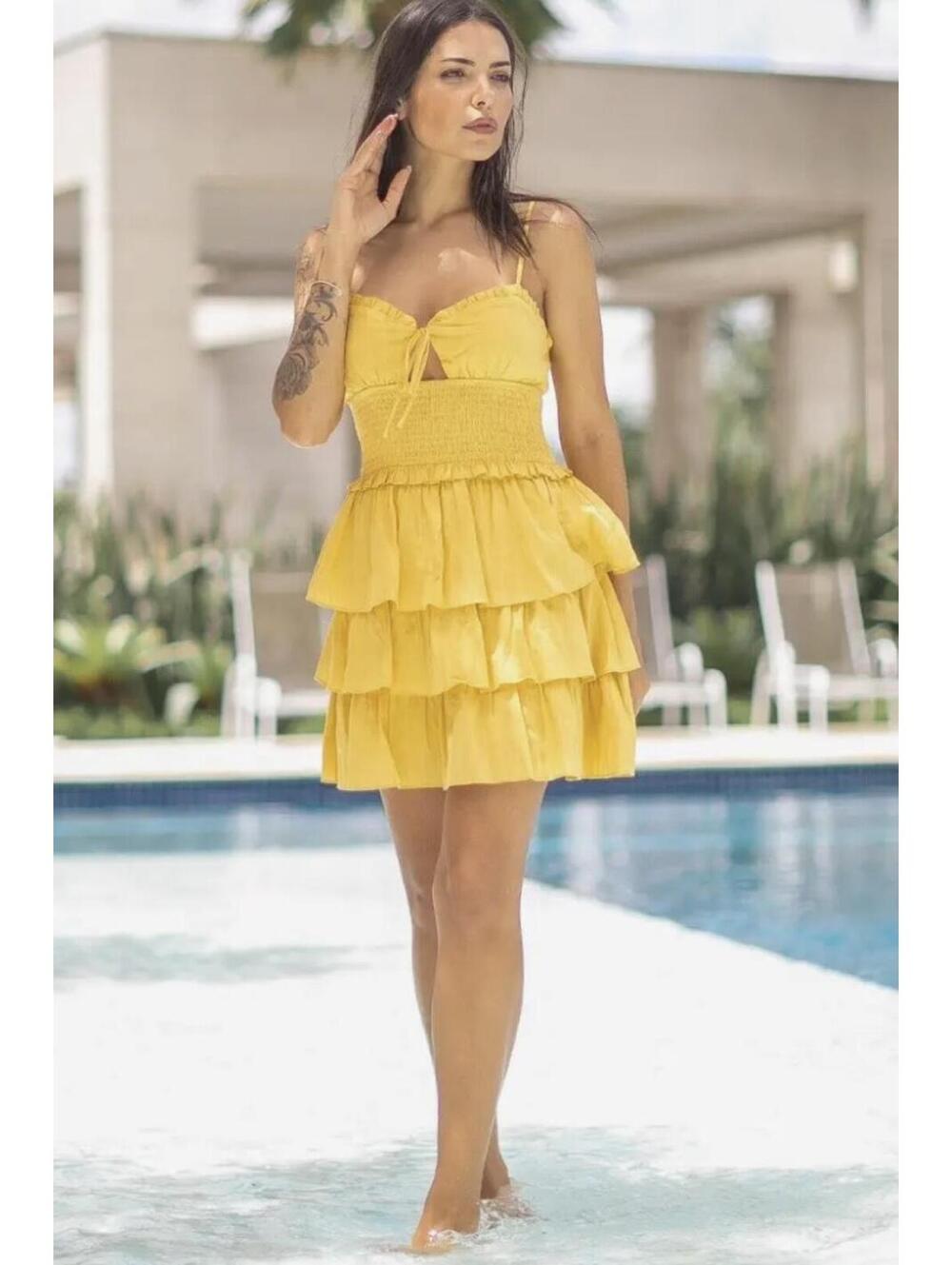 Verte Mustard Yellow Tiered Ruffle Spaghetti Strap Mini Dress Sz S